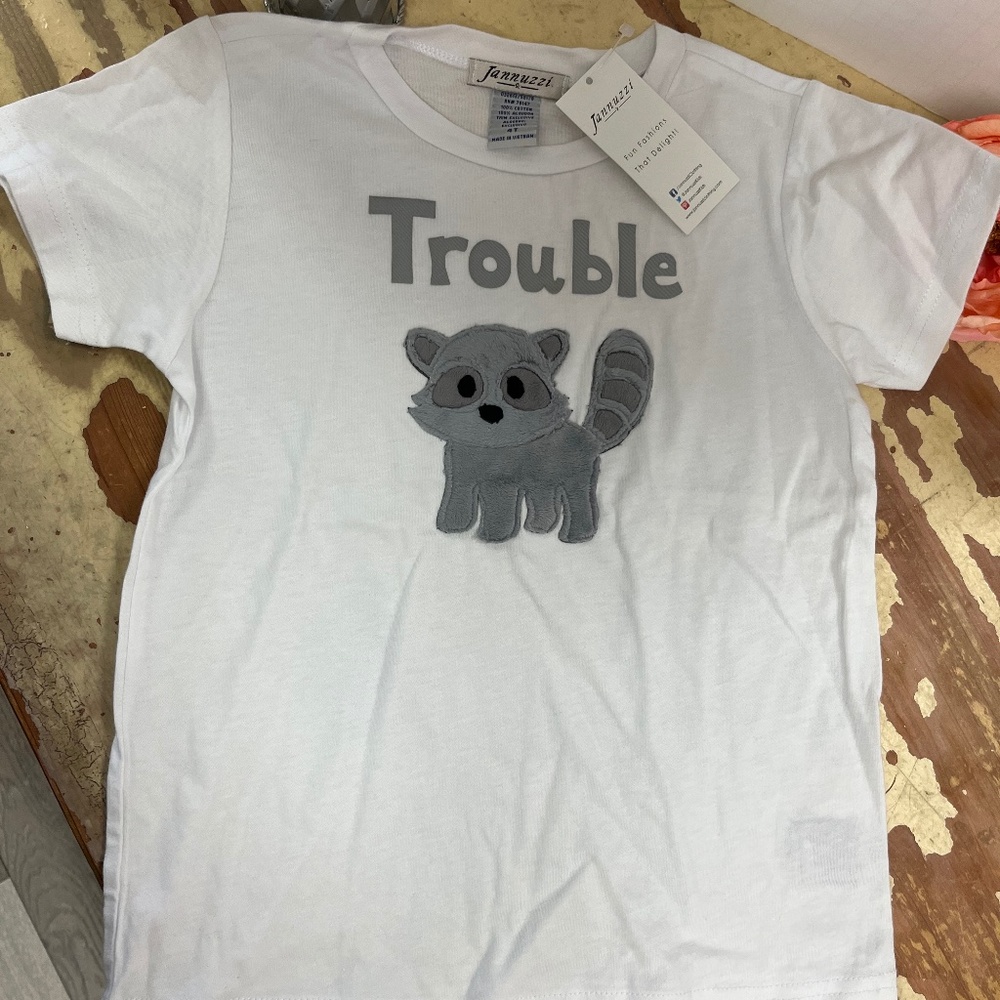 Boys White Tee “Trouble” 🦝